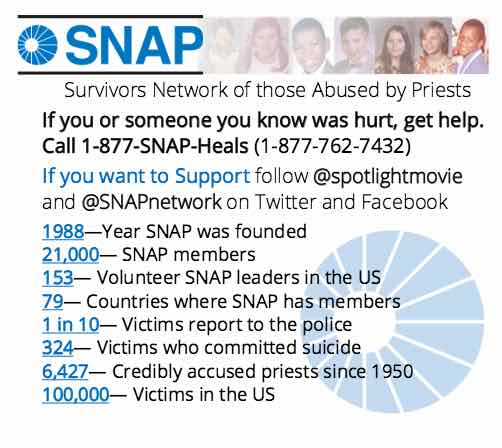 Survivors Network of those abused by Priests flyer for Spotlight film